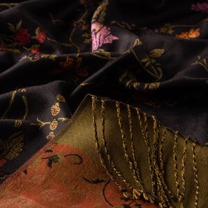 Black Brocade Reversible Prime Silk Scarf - Thumbnail