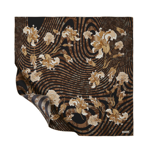 Black Brown Lisianthus Twill Silk Scarf