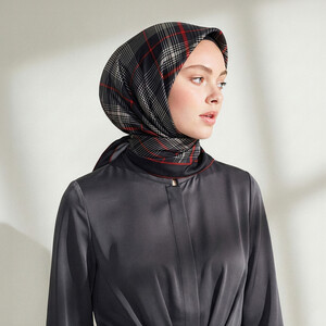 Black Burgundy Castle Plaid Silk Twill Scarf - Thumbnail