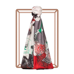 Black Burgundy Lilium Print Satin Silk Scarf - Thumbnail