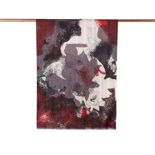 Black Burgundy Lilium Print Satin Silk Scarf