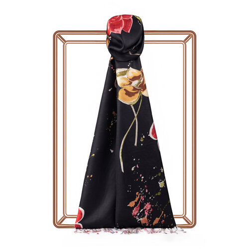 Black Burgundy Summer Garden Print Silk Scarf