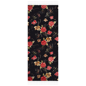 Black Burgundy Summer Garden Print Silk Scarf - Thumbnail