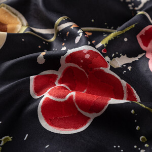 Black Burgundy Summer Garden Print Silk Scarf - Thumbnail