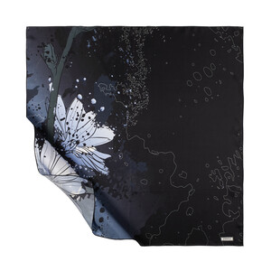 Black Charcoal Floral Glow Patterned Twill Silk Scarf - Thumbnail