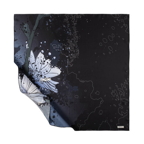 Black Charcoal Floral Glow Patterned Twill Silk Scarf