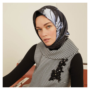 Black Charcoal Floral Glow Patterned Twill Silk Scarf - Thumbnail