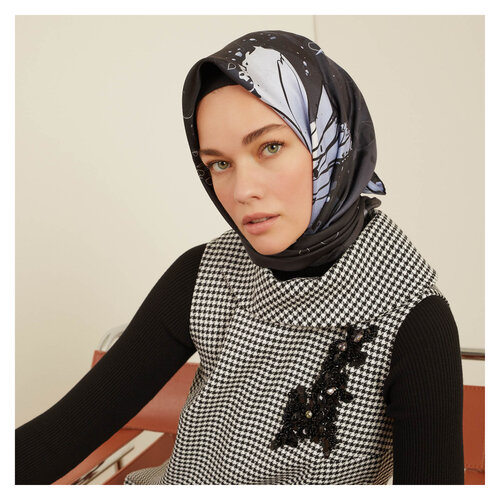 Black Charcoal Floral Glow Patterned Twill Silk Scarf