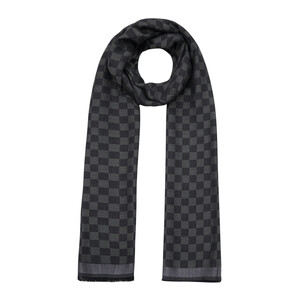 Black Checkered Wool Silk Scarf - Thumbnail