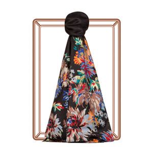 Black Chrysanthemum Print Satin Silk Scarf - Thumbnail