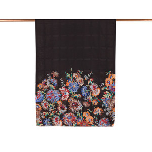 Black Chrysanthemum Print Satin Silk Scarf - Thumbnail