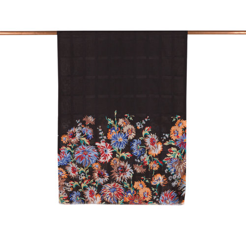 Black Chrysanthemum Print Satin Silk Scarf