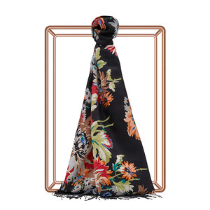 Black Chrysanthemum Print Silk Scarf - Thumbnail