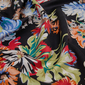 Black Chrysanthemum Print Silk Scarf - Thumbnail