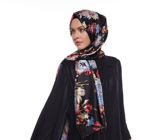 Black Chrysanthemum Print Silk Scarf - Thumbnail