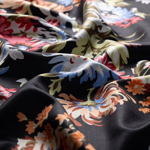 Black Chrysanthemum Print Silk Scarf