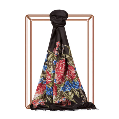 Black Classic Palace Garden Print Silk Scarf