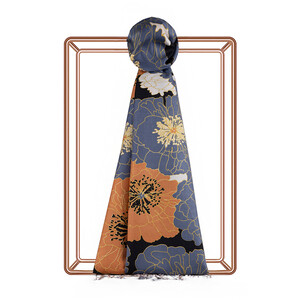 Black Copper Blue Hydrangea Print Silk Scarf - Thumbnail