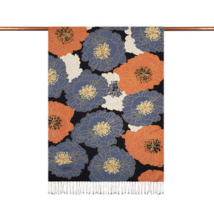 Black Copper Blue Hydrangea Print Silk Scarf - Thumbnail