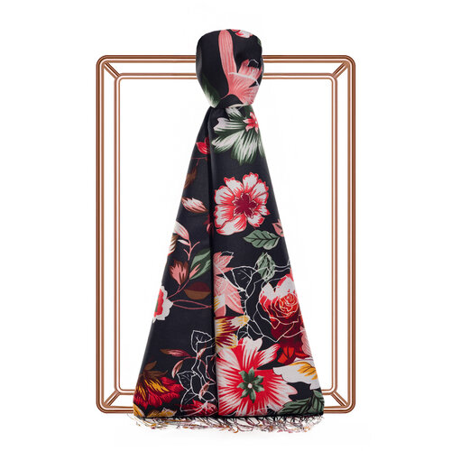 Black Desert Rose Print Silk Scarf