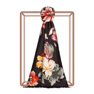 Black Desert Rose Print Silk Scarf - Thumbnail