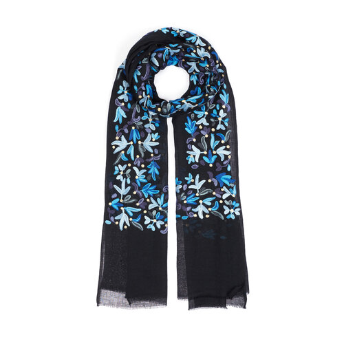 Black Embroidery Funda Crown Woven Wool Silk Scarf