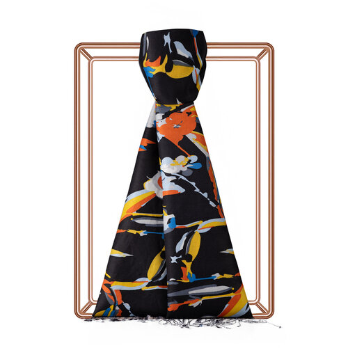 Black Exotic Rhapsody Patterned Silk Scarf