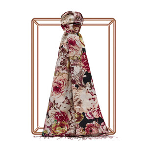 Black Fleur Print Silk Scarf - Thumbnail