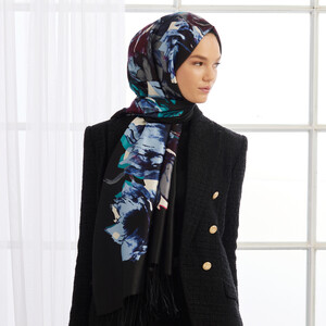 Black Florescence Print Silk Scarf - Thumbnail