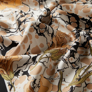 Black Gold Lisianthus Panel Twill Silk Scarf - Thumbnail