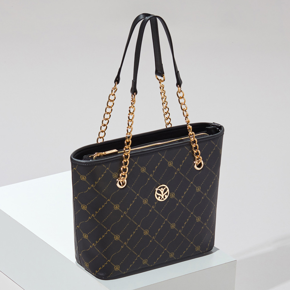black tote bag with gold chain
