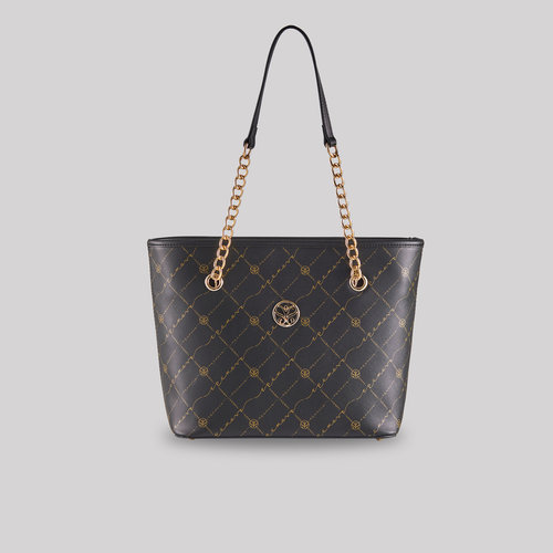 Black Gold Monogram Chain Detailed Tote Bag