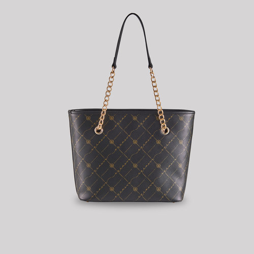 Black Gold Monogram Chain Detailed Tote Bag