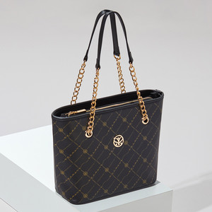 Black Gold Monogram Chain Detailed Tote Bag - Thumbnail