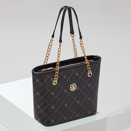 Black Gold Monogram Chain Detailed Tote Bag