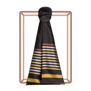 Black Gold Thin Meridian Striped Silk Scarf - Thumbnail