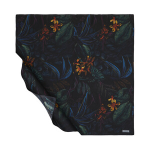 Black Green Dark Botanical Twill Silk Scarf - Thumbnail