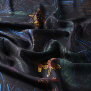 Black Green Dark Botanical Twill Silk Scarf - Thumbnail