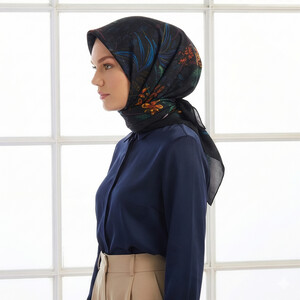 Black Green Dark Botanical Twill Silk Scarf - Thumbnail