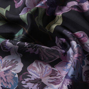 Black Green Poligala Flower Twill Silk Scarf - Thumbnail