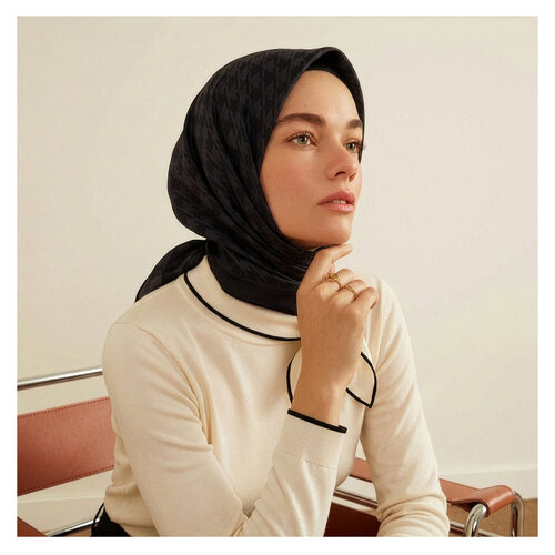 Black Houndstooth Silk Twill Scarf