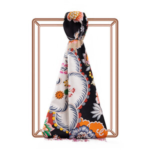 Black Leaf Crown Print Silk Scarf - Thumbnail