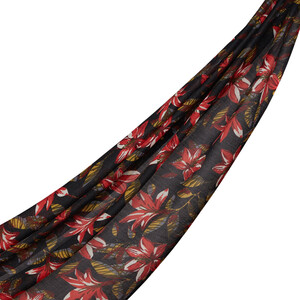 Black Lily Print Wool Silk Scarf - Thumbnail