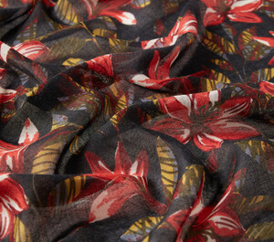 Black Lily Print Wool Silk Scarf - Thumbnail