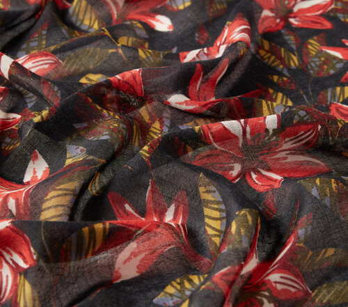 Black Lily Print Wool Silk Scarf