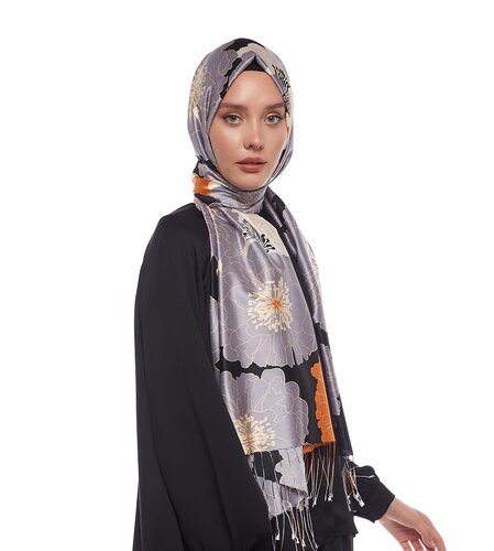 Black Orange Hydrangea Print Silk Scarf