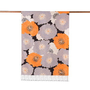 Black Orange Hydrangea Print Silk Scarf - Thumbnail