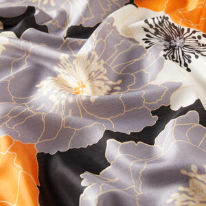Black Orange Hydrangea Print Silk Scarf - Thumbnail