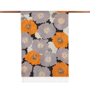 Black Orange Hydrangea Print Silk Scarf - Thumbnail