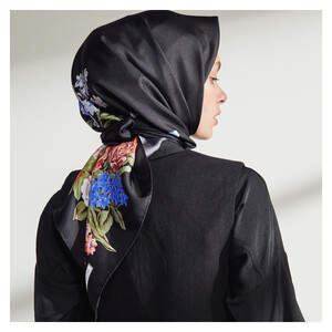 Black Palace Garden Print Silk Twill Scarf - Thumbnail